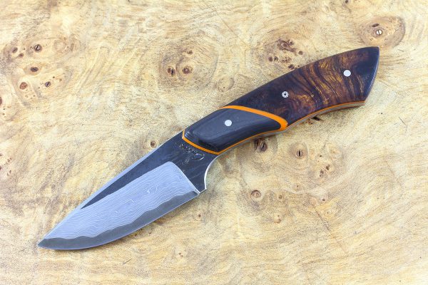 195mm Kajiki Neck Knife, Damascus, Ironwood w/ F40 Carbon Fiber Bolster - 127 grams