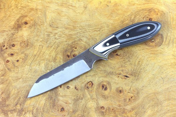 188mm Wharncliffe Brute Neck Knife, Hammer Finish, Tan/Black G10 w/ White/Black G10 Bolster - 100 grams